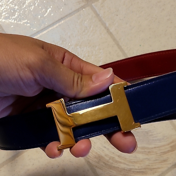 Hermes Accessories - .Vintage Hermes Belt Gold Buckle Blue and Red Belt